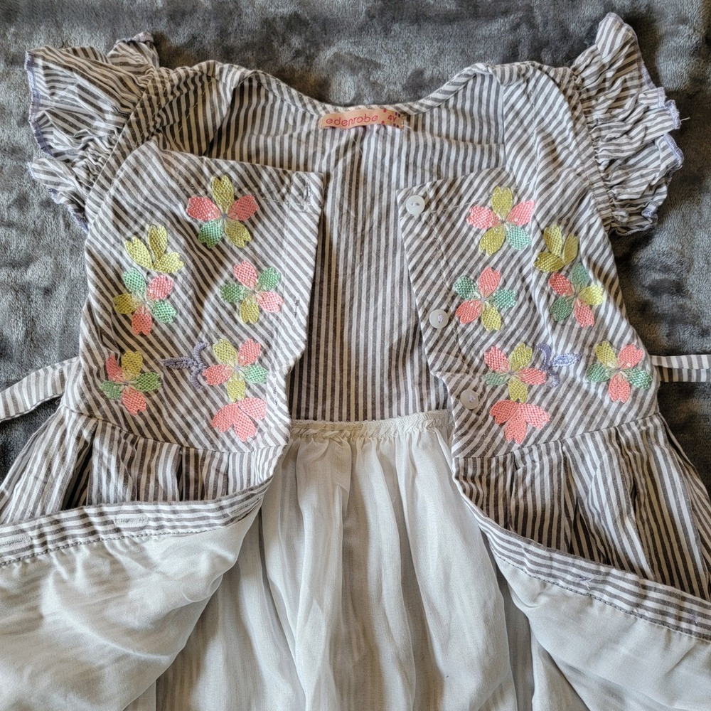 edenrobe Dress Kids 4Y Grey  Striped Excellent Floral Flutter Sleeve Tie 714